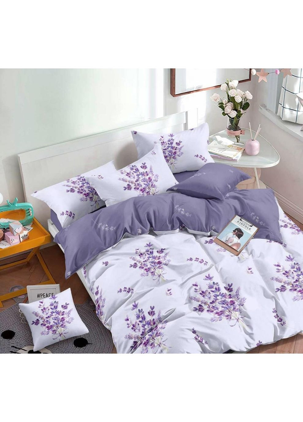 Постельное белье с резинкой Букет лаванды, ранфорс Двухспальный размер, наволочки 70/70 No Brand (364220766)