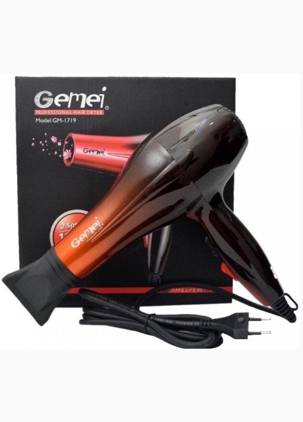 Потужний фен GM-1719 чорний із помаранчевим 3 режима швидкості Gemei (289876192)