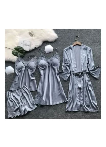 Атласный комплект для сна и дома. Халат с пеньюаром, пижамой-двойкой и поясом China (360862523)