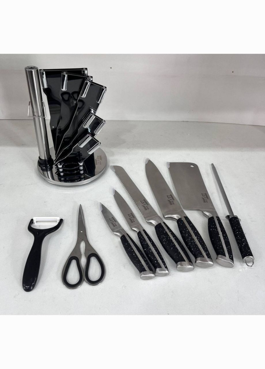 Набор ножей + ножницы на подставке (9 предметов) Zepline ZP-027 чёрные, пластик, металл, нержавеющая сталь