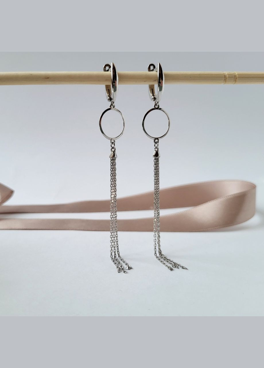 Срібні довгі сережки без каменів Ланцюжки срібло 925 проби Родоване 82823 3.07г No Brand (306743245)