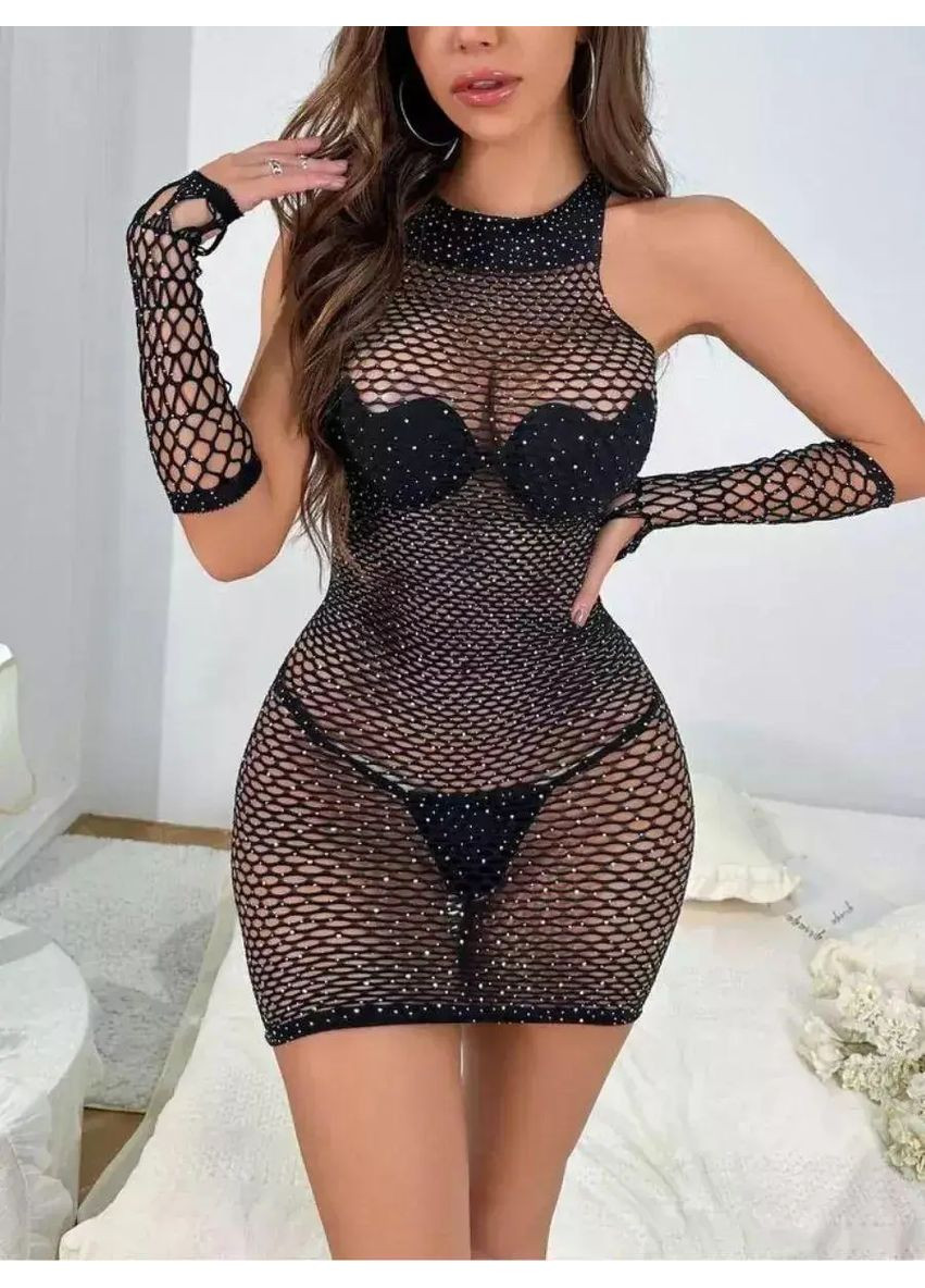 Черное откровенный, карнавальный, коктейльное, вечернее платье selena, горячее облегающее платье с камушками перчатки в комплекте,платье женское эротическое в сеточку платье-майка No Brand однотонное