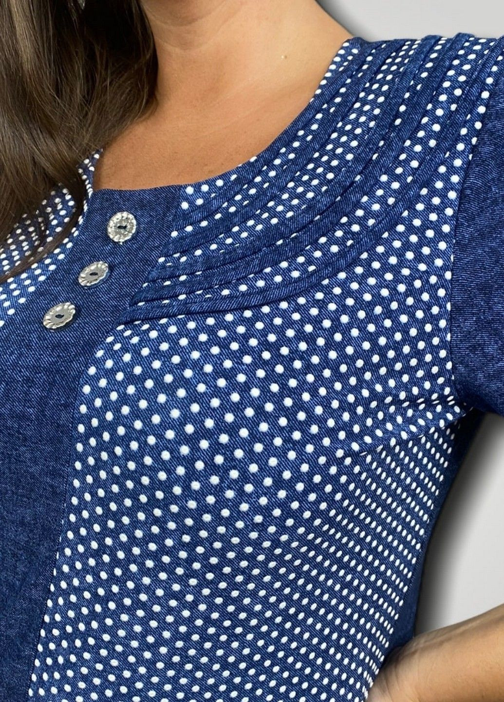 Синяя блуза трикотажная синяя в белый горох art 00079 BABOCHKA XL Collection