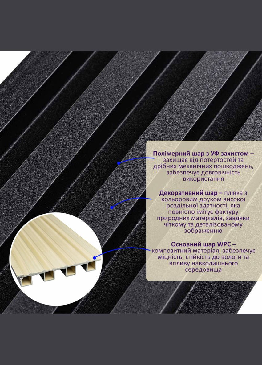 Рельс декоративный WPC стеновой антрацит 3000х160х23мм SW-00001532 Sticker Wall (327089417)