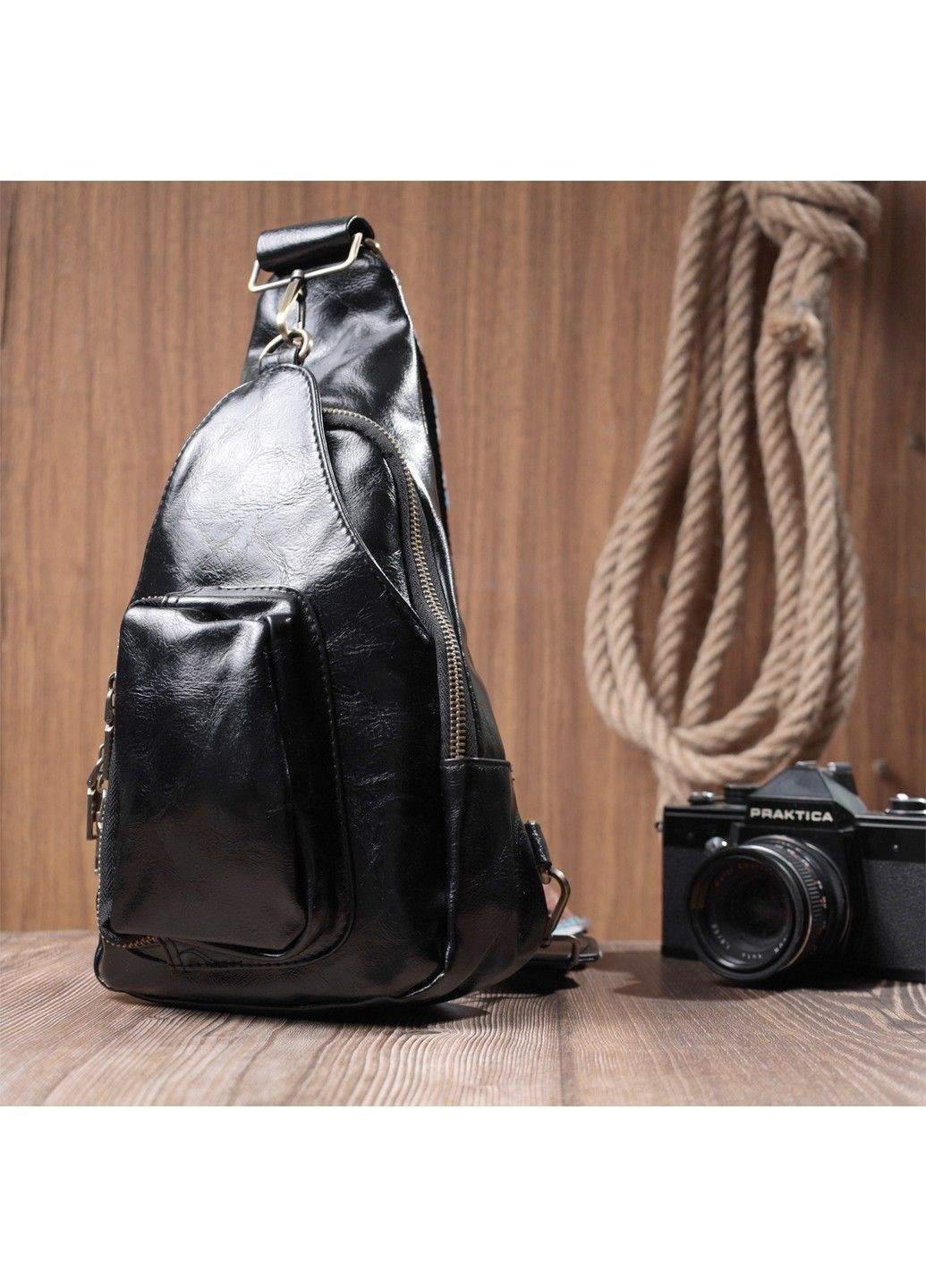 Практичная женская сумка из экокожи с акцентом на текстильную лямку 22776 Черный Vintage (303877326)