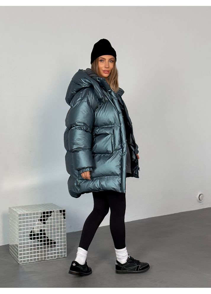 Синяя зимняя женская куртка пуфер beze long с карманами и съемным капюшоном (mil591) milirud