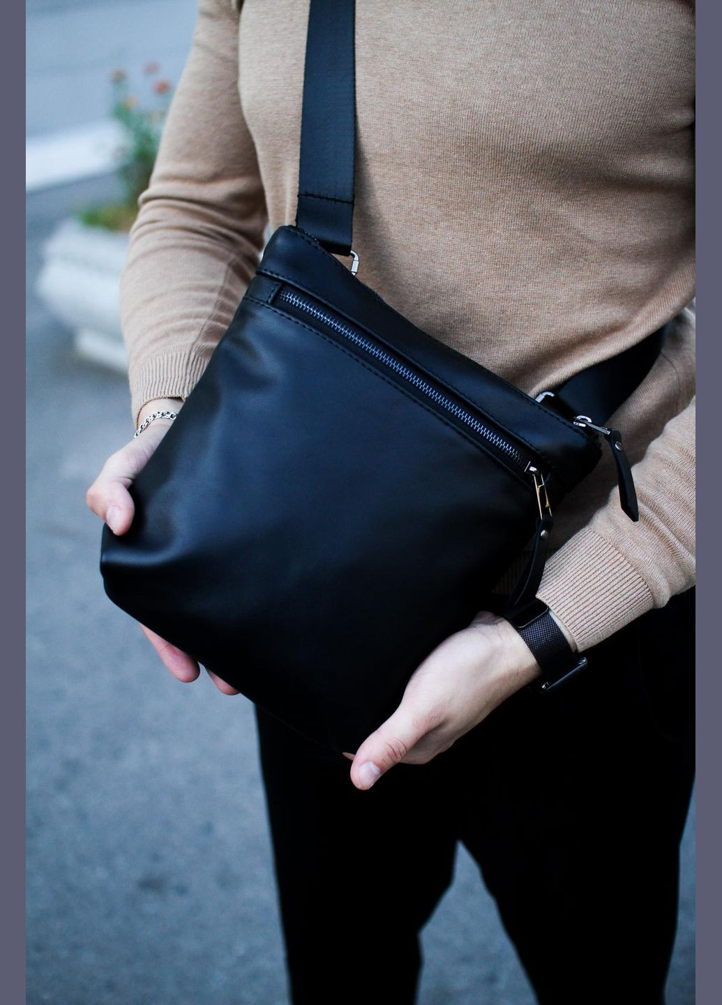 Сумка-мессенджер мужская из натуральной кожи, сумка через плечо (Черная) SKILL (324030631)