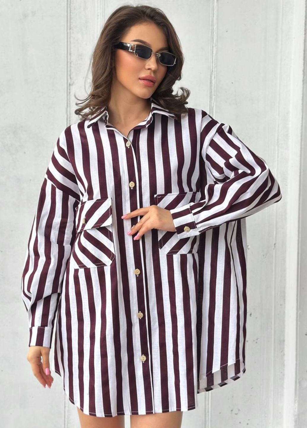 Бордовое повседневный платье-рубашка оверсайз с длинным рукавом рубашка Tik-Tak в полоску
