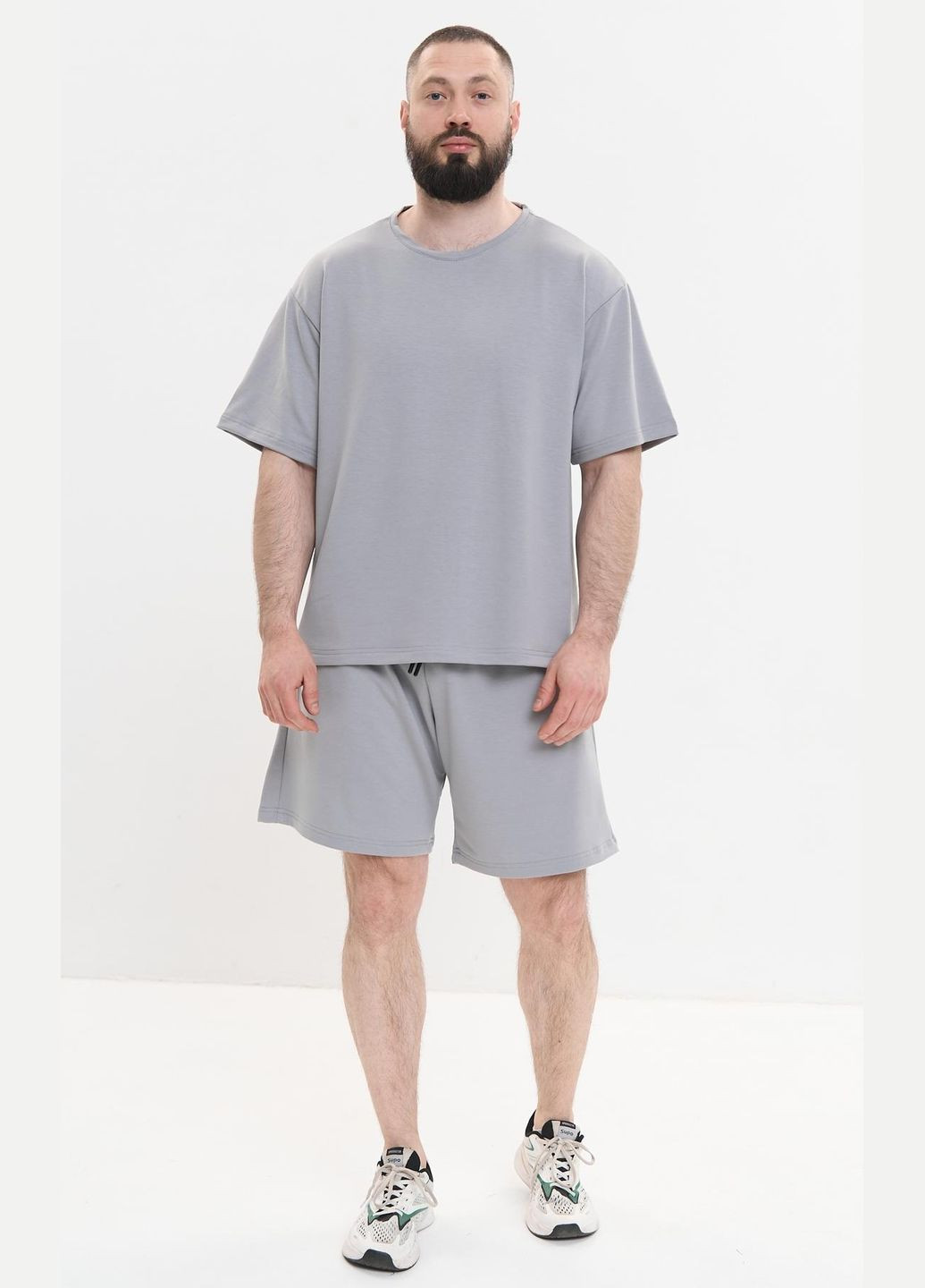 Чоловічий спортивний костюм оверсайз шорти та футболка на літо, світло-сірий No Brand (340108472)