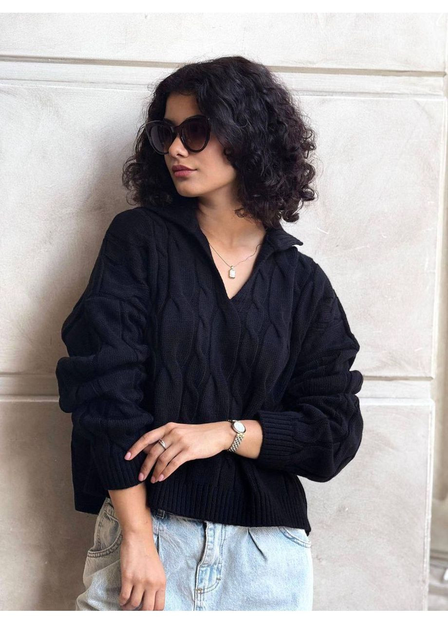 Чорний демісезонний жіночий светр із коміром поло Україна