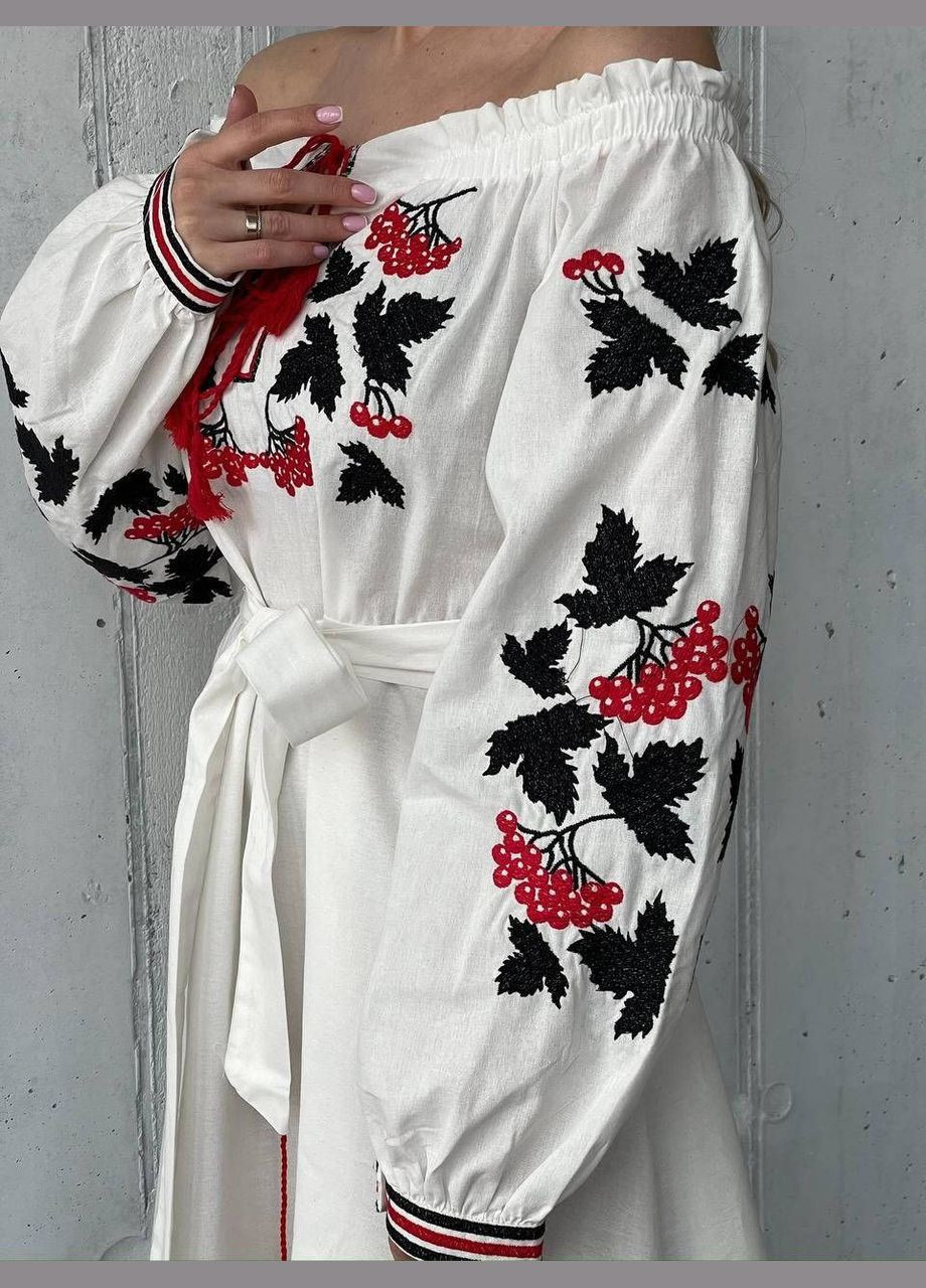 Белая женское хлопковое платье вышиванка рябина с поясом и спущенными плечами You Best (328925675)