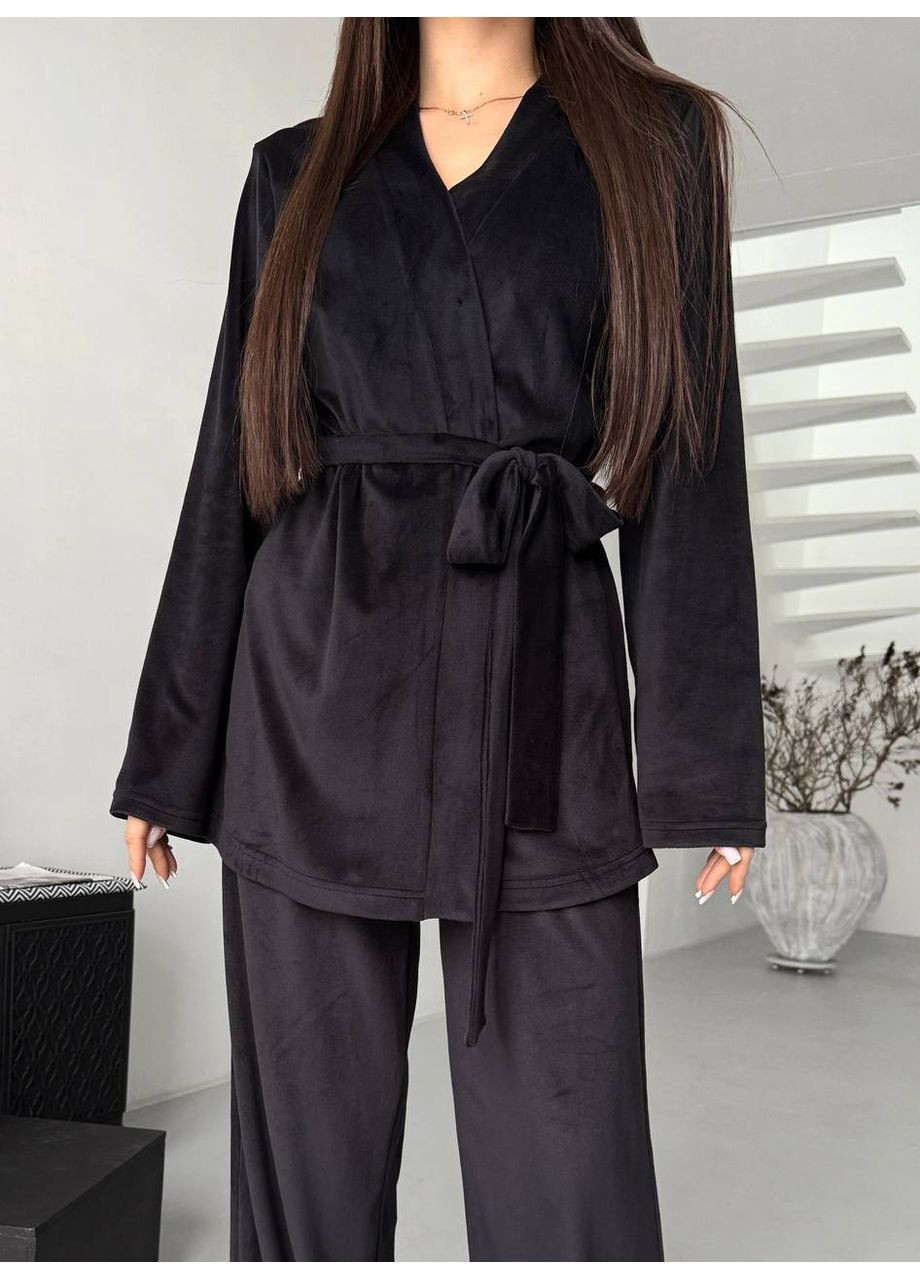 Черная всесезон домашний костюм «брюки палаццо + кимоно» из велюра — замеры в описании рубашка + брюки DK/DL Мода без кордонів