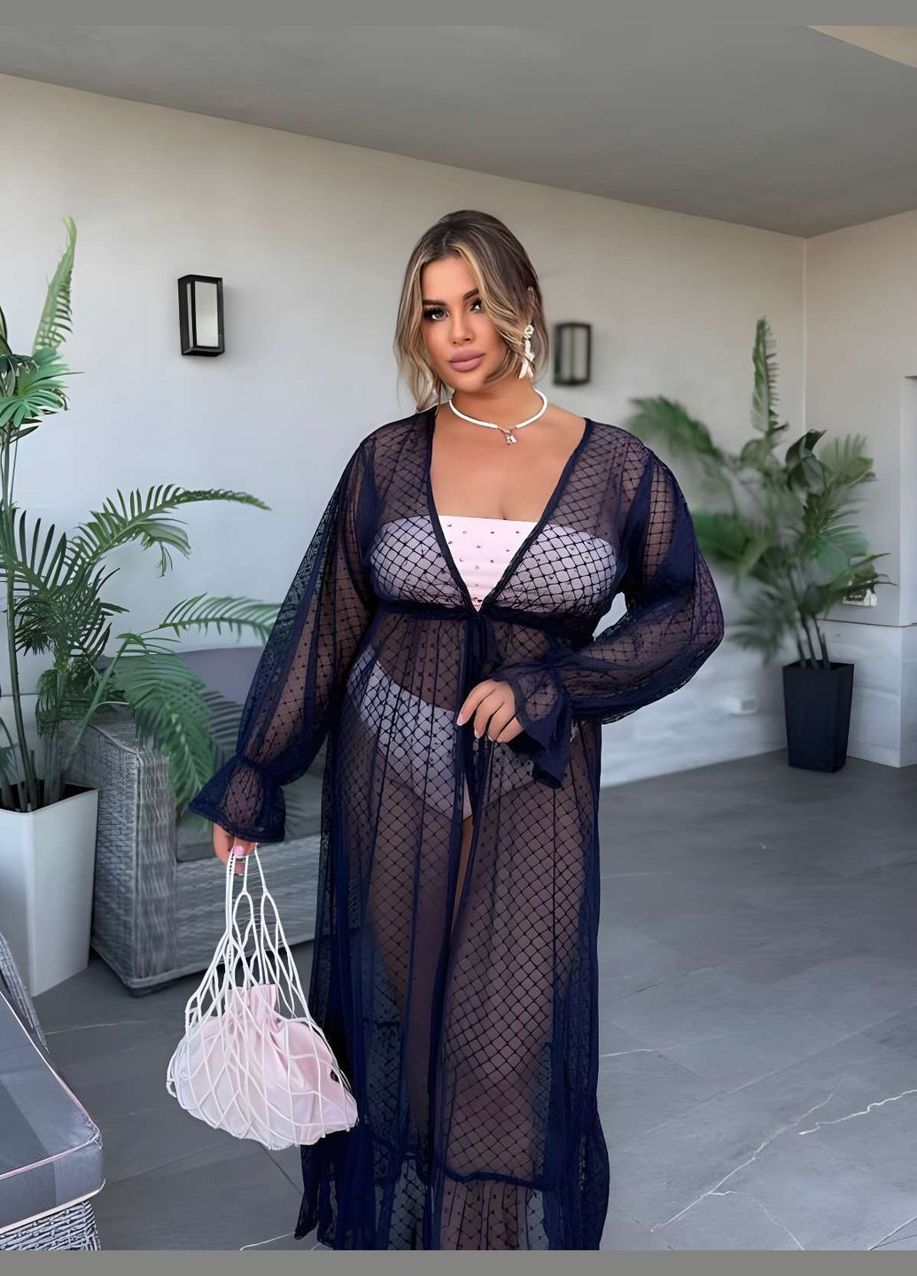 Жіноча літня пляжна напівпрозора довга туніка парео накидка бежева Україна (345557377)