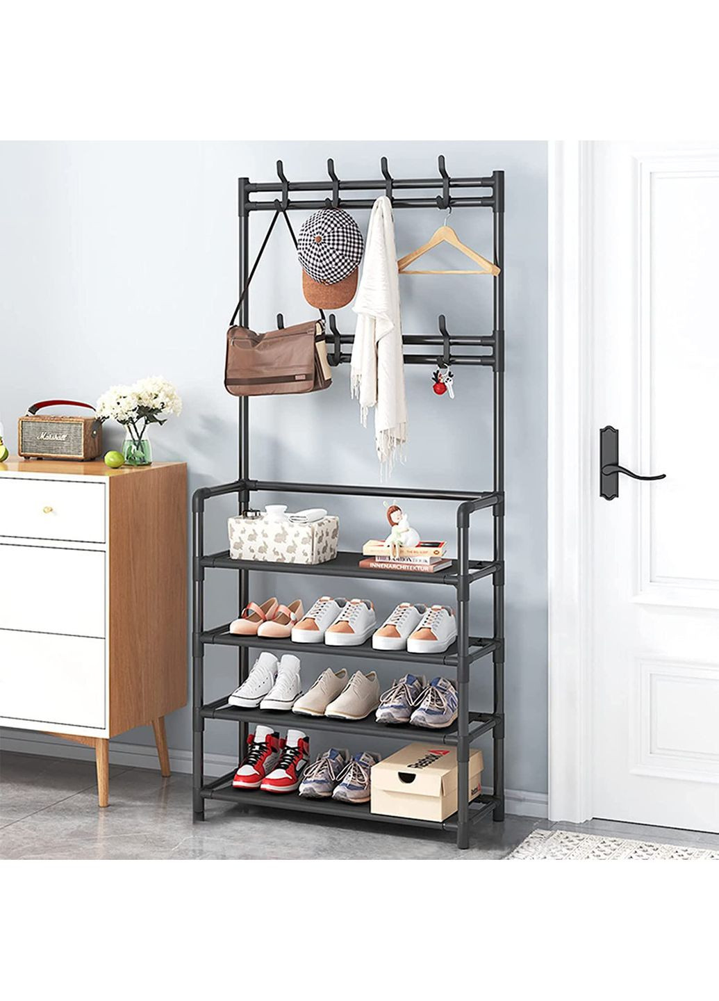 Напольный стеллаж в прихожую с настенной вешалкой для одежды и 4-я полками для обуви стойка органайзер No Brand (360531929)
