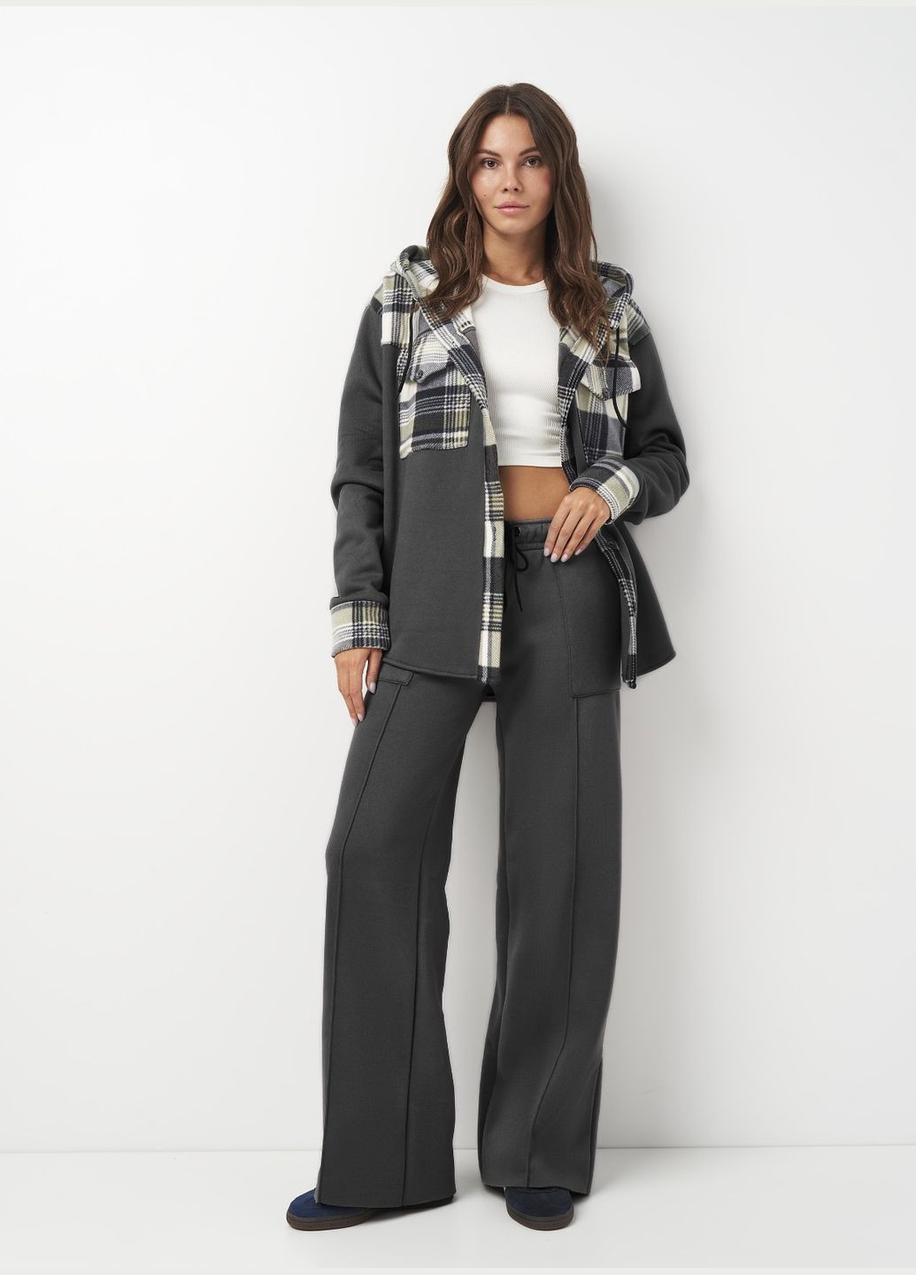 Графитовая спортивная, повседневный, кэжуал рубашка в клетку Olis-Style с длинным рукавом