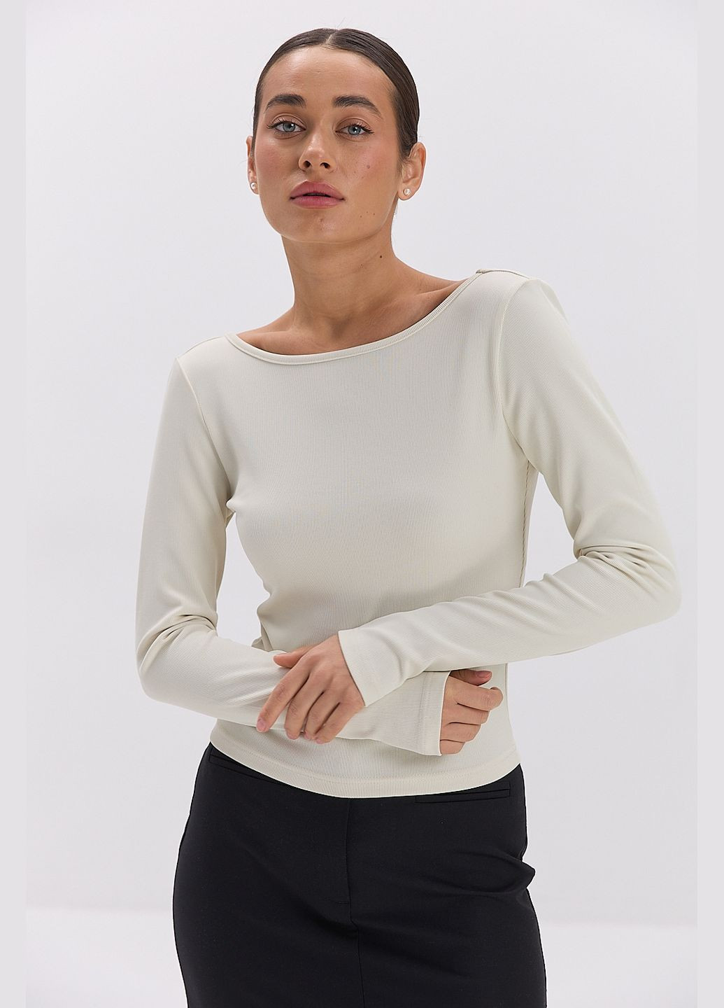 Женский лонгслив с открытой спиной в рубчик Arjen (317234957)