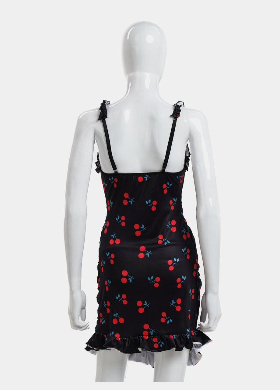 Пеньюар домашня приталений з декором рюші принт вишеньки з трусиками в комплекті No Brand Пеньюар вишеньки білий (340462103)