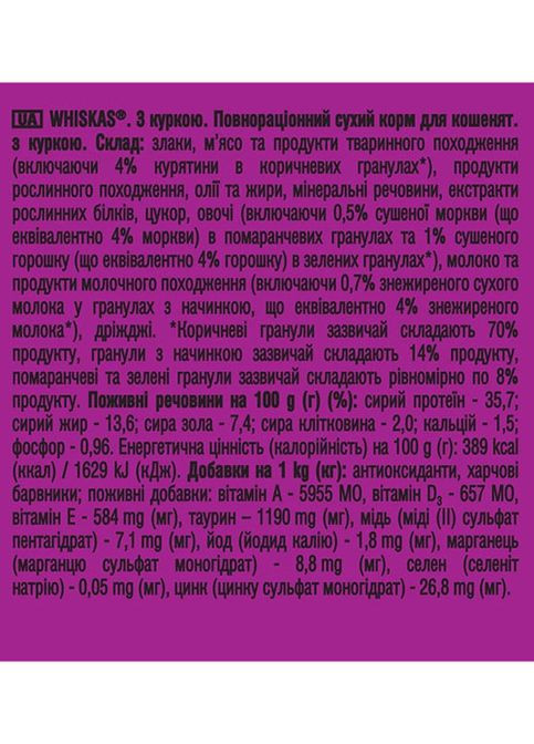 Сухий корм для котів для кошенят, з куркою14кг Whiskas (361074570)