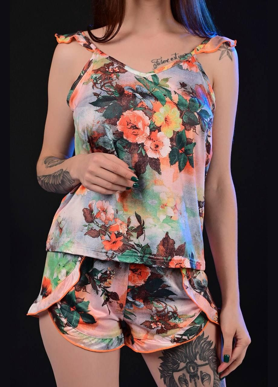 Серая всесезон пижама женская серого цвета с цветочным принтом майка + шорты No Brand Жіночі піжами