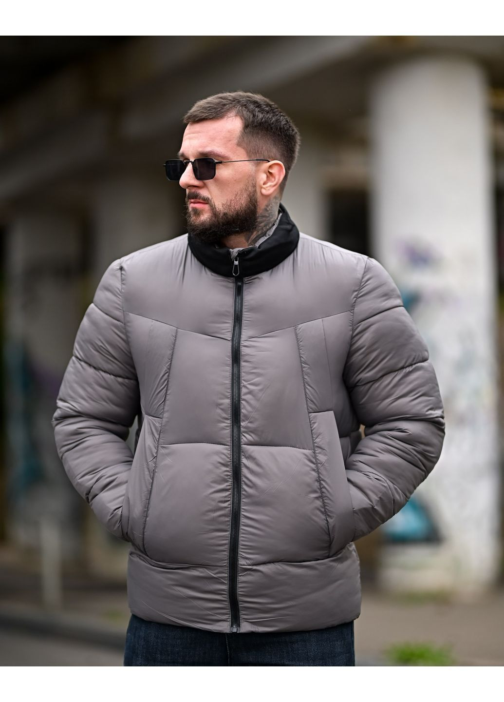 Серая зимняя мужская зимняя куртка плащевка с холлофайбером серая Freedom