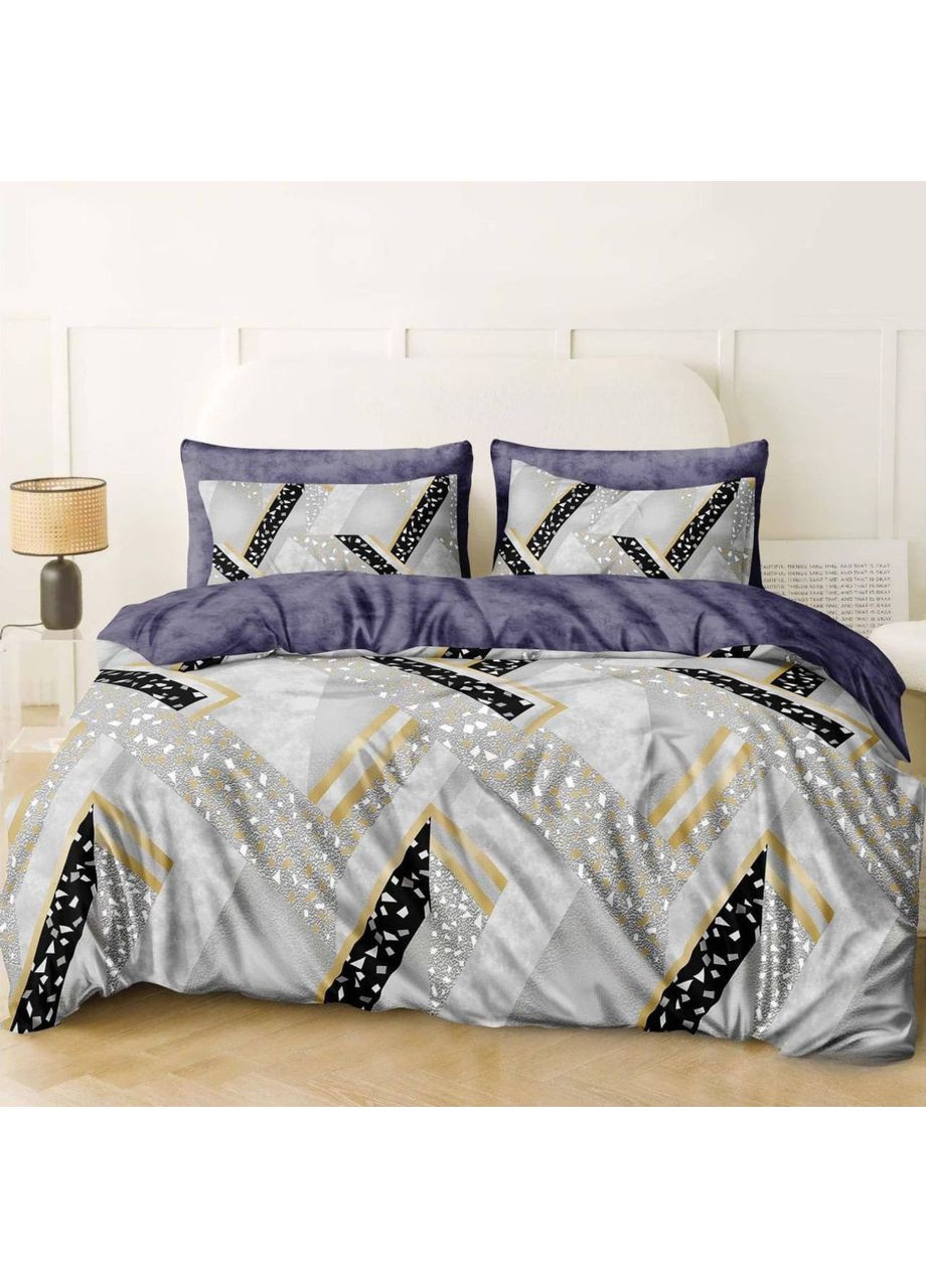 Постільна білизна двоспальна євро на резинці сіра з фіолетовим Абстракція Бязь Голд 145542 Ananasko (368576501)