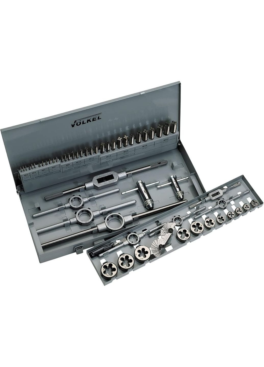 Набір мітчиків (комплект 3 шт) та плашок M3-4-5-6-8-10-12-14-16-18-20 мітчикотримачі + плашкотримачі 49201 (16107) Volkel (295044281)