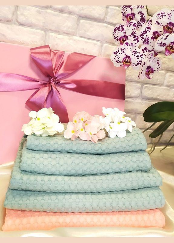 Подарунок для жінки комплект рушників преміум 128х55 см 95х55 см 5 штук м`ята персик (5743-2138) No Brand (294207136)