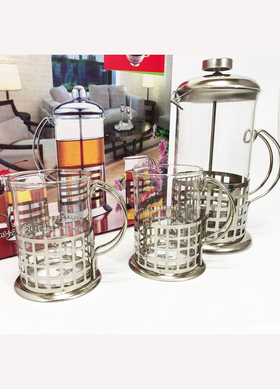 Пресс заварник из жаропрочного боросиликатного стекла UN-1155 0.6 л + 2 чашки Френч-пресс для кофе Unique (364663709)