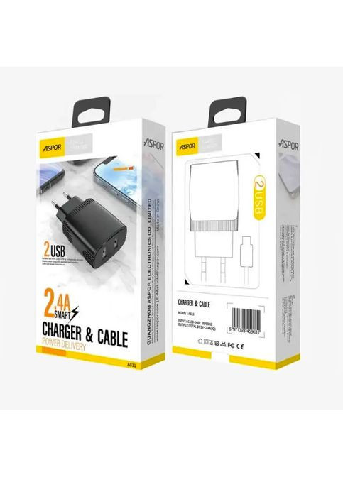 Сетевое зарядное устройство A811 (2USB/2.4A)- черный Aspor (368561163)