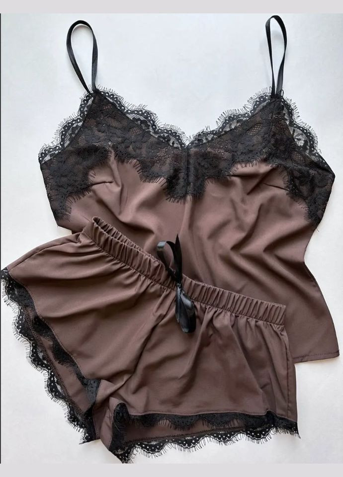 Коричневая всесезон пижама женская майка и шорты Exclusive