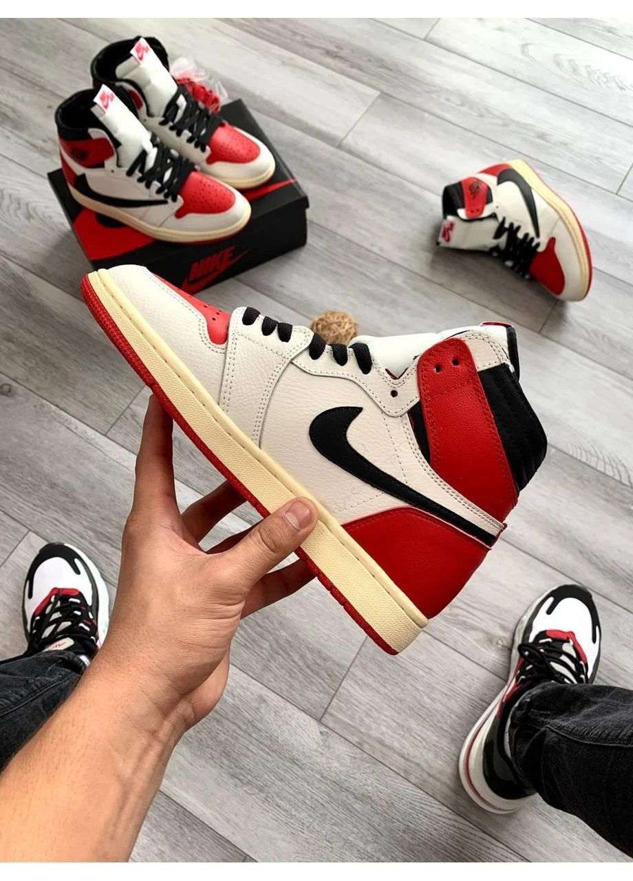 Белые демисезонные кроссовки мужские nike air jordan travis scott + cactus jack white red найк аир джордан No Brand