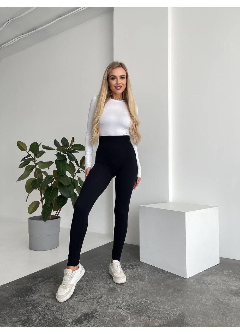 Черные демисезонные женские лосины в рубчик с эффектом пуш-ап черного цвета 35205 No Brand