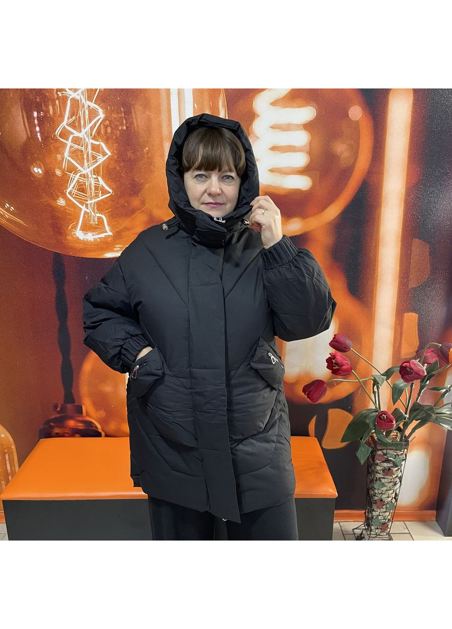 Черная зимняя куртка женская зимняя удлинённая с капюшоном стойкой l чёрная TRG