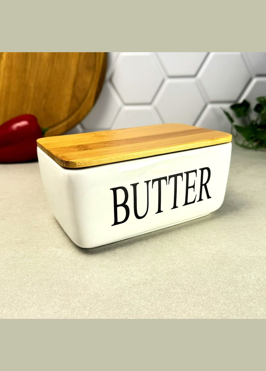 Біла порцелянова маслянка на бамбуковій підставці Midori Ardesto (305408385)