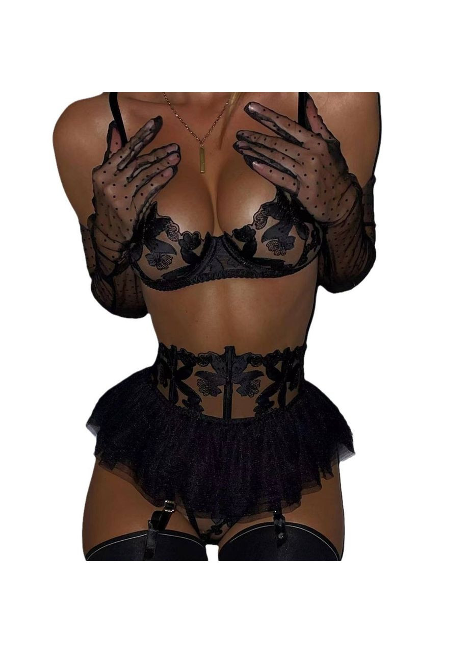 Черный демисезонный комплект женского нижнего белья fairy кружевной пояс-юбочка с гартерами в наборе черный No Brand Комплект нижньої білизни Fairy