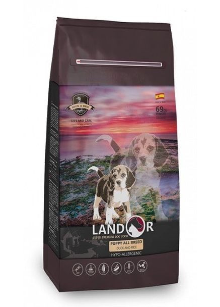 Сухой корм для щенков всех пород от 1 до 18 месяцев утка с рисом 15 кг Landor (358067680)