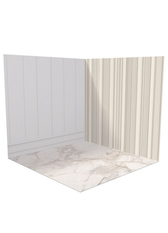 Кутовий вініловий фотофон 3D, біла панельна стіна і бежева рейка, підлога мармур з прожилками, 60×60 см, №58369 PhotoVinyl (354368086)