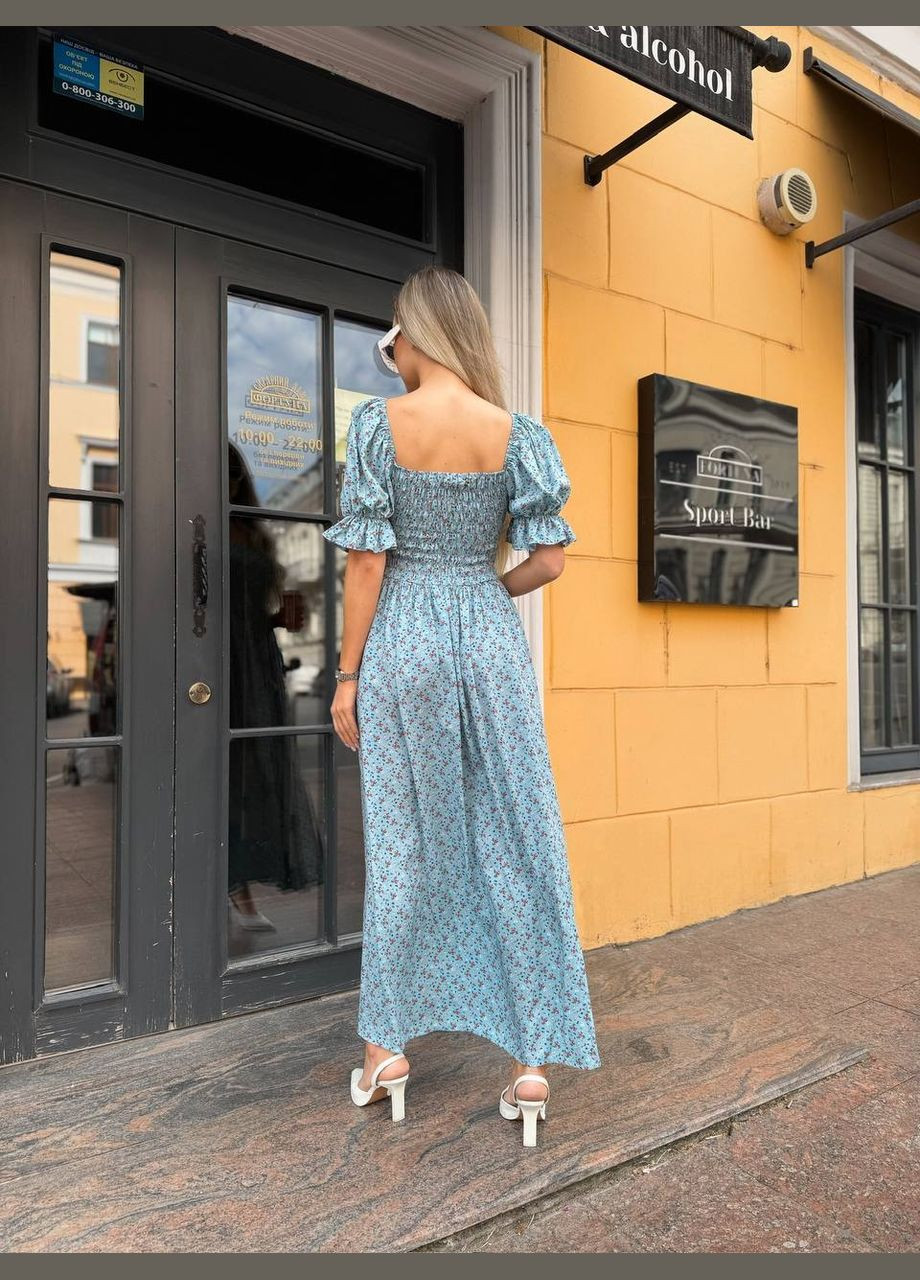 Голубое пляжное, праздничный, повседневный, кэжуал нежное легкое платье с разрезом Vakko с цветочным принтом