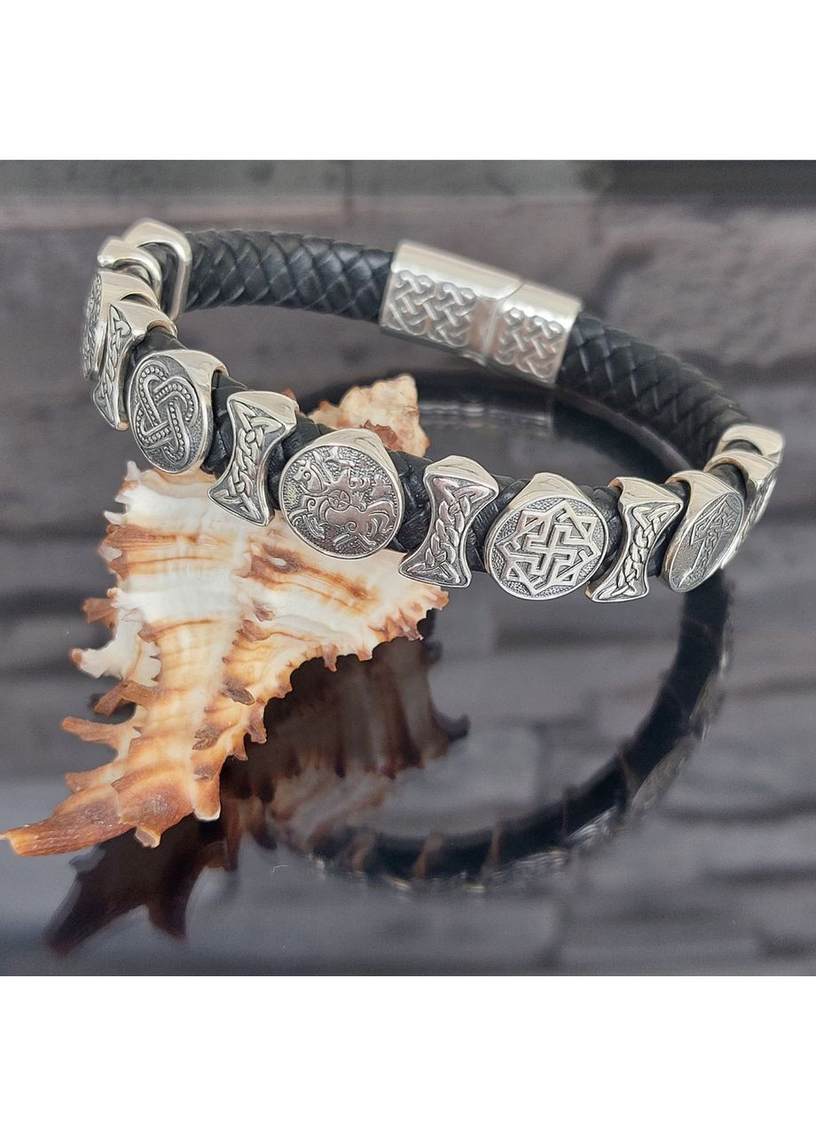 Браслет срібний Генеральський з рунами та плетеною шкірою No Brand (365818906)