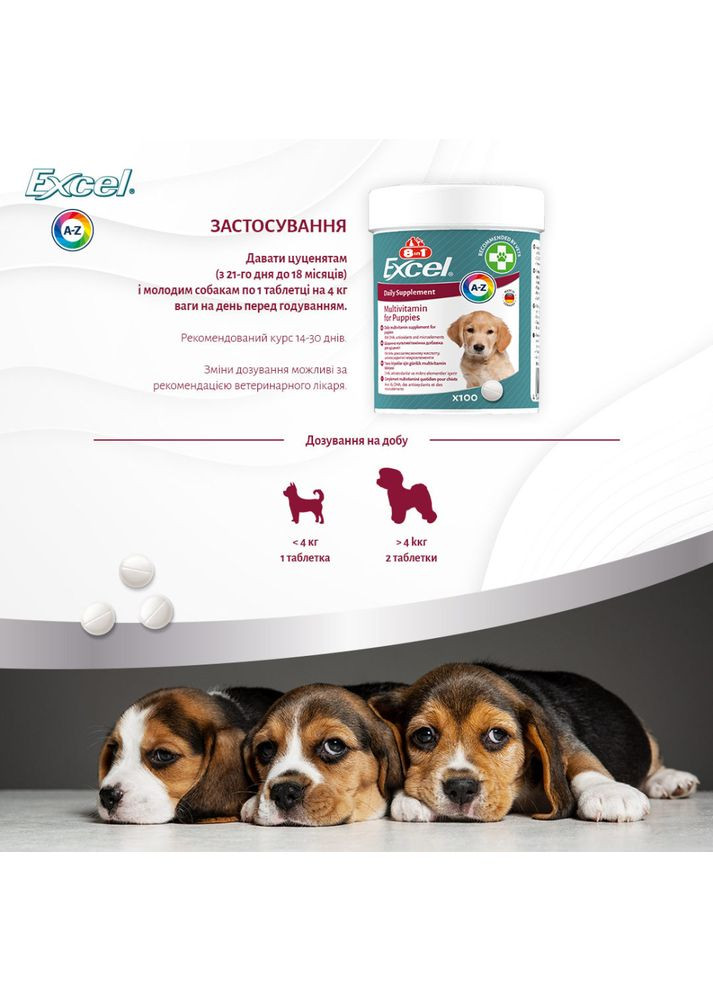 Вітаміни Excel Multi Vitamin Puppy для цуценят та молодих собак мультивітамін 100 шт 8in1 (355257161)