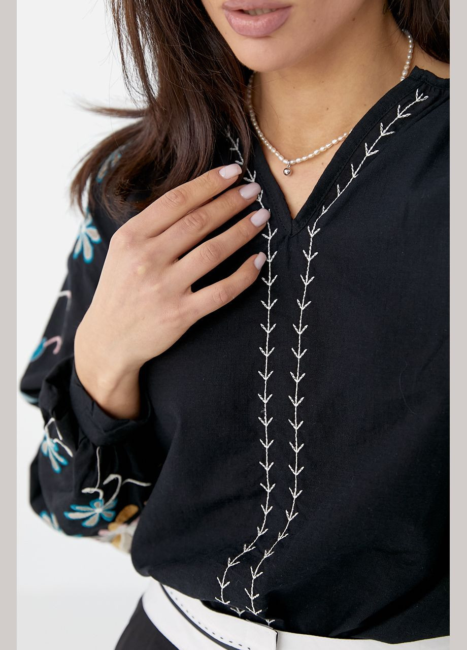Чёрная женская блузка с вышивкой с длинными рукавами. ESQ узор цветочный свободная хлопок (322130456)