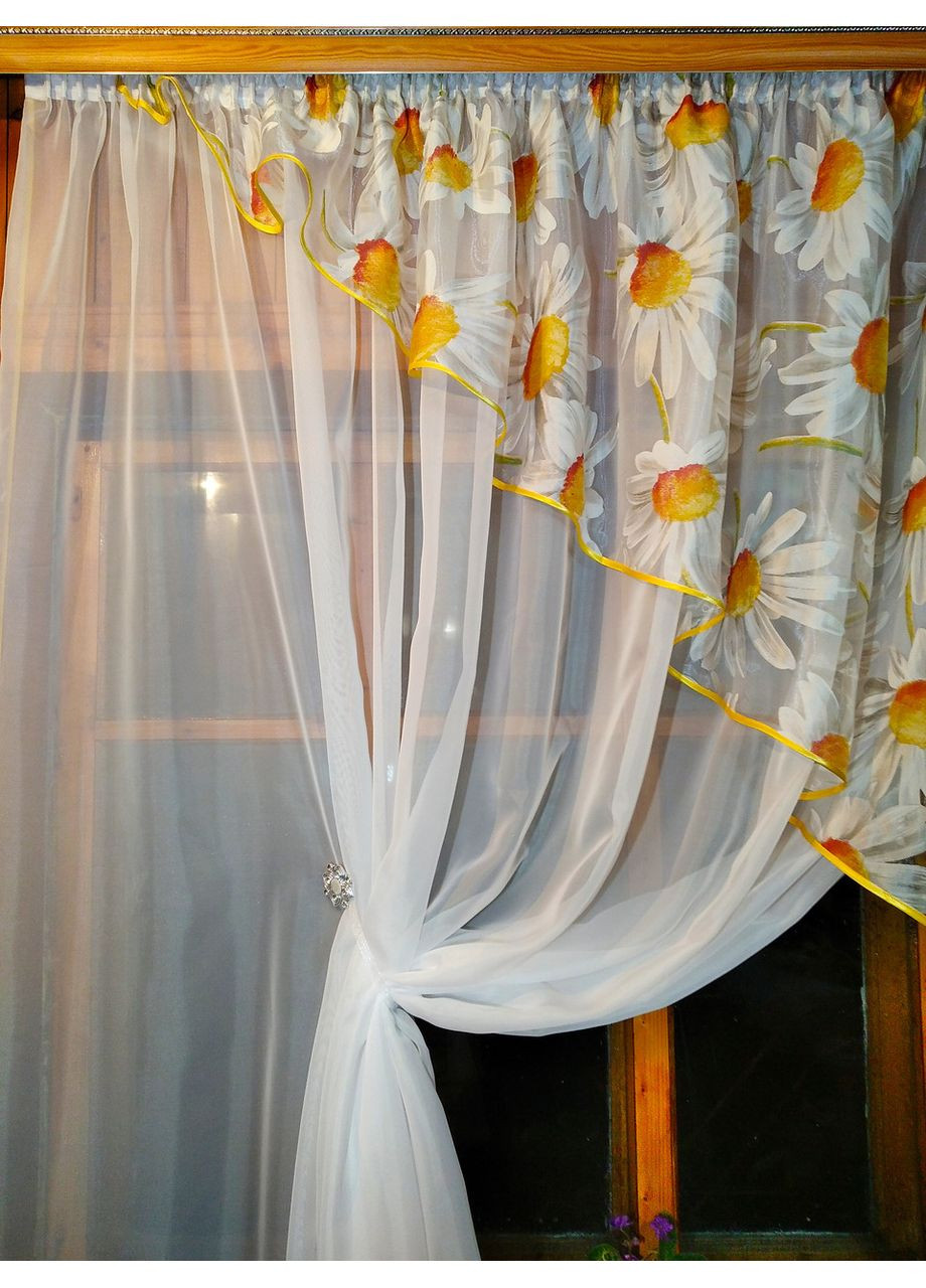 Занавеска короткая готовая Фая белая ромашка правая No Brand (372134049)