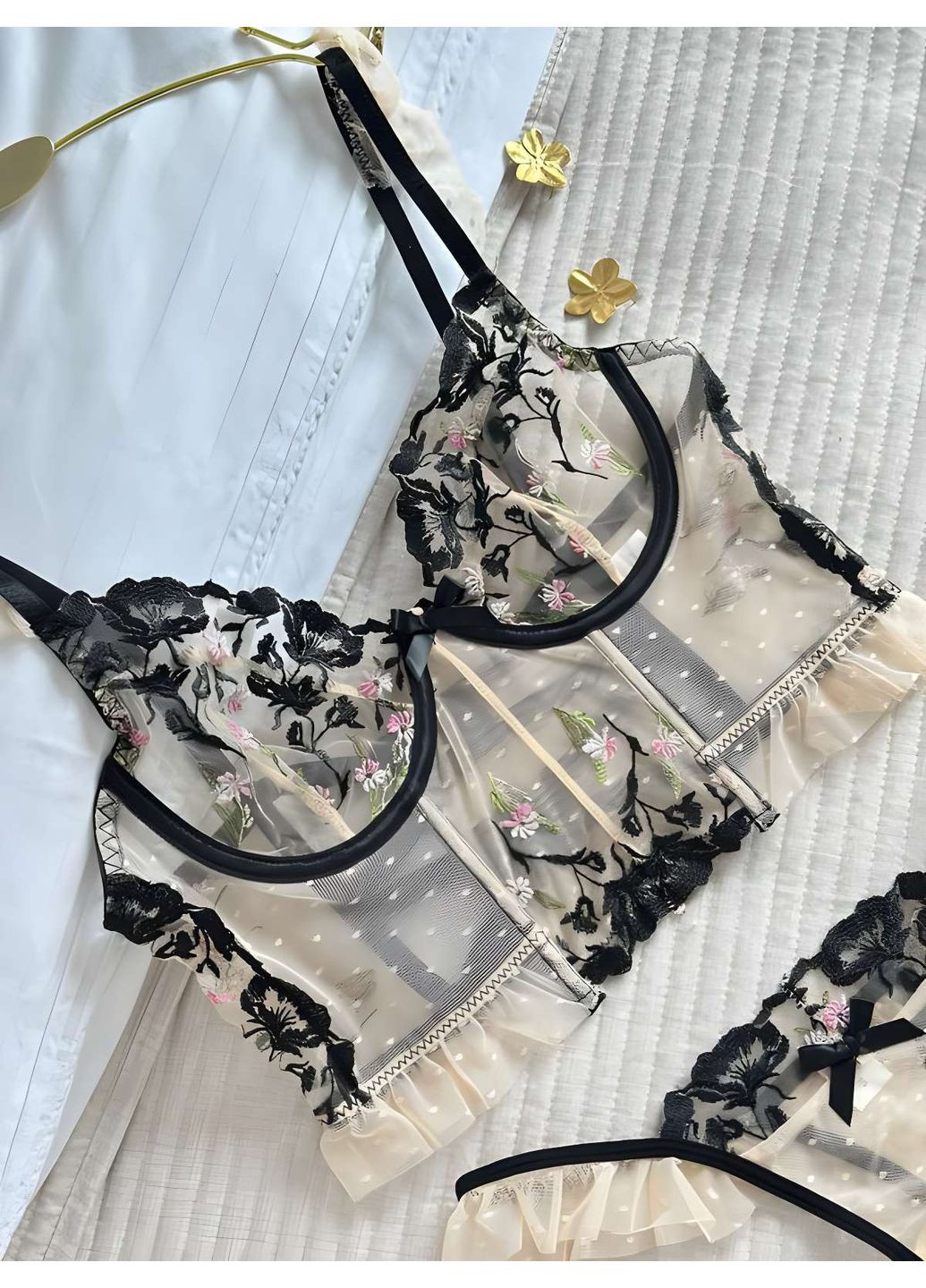 Бежевий демісезонний жіночий відвертий спокусливий прозорий комплект еротичної білизни No Brand