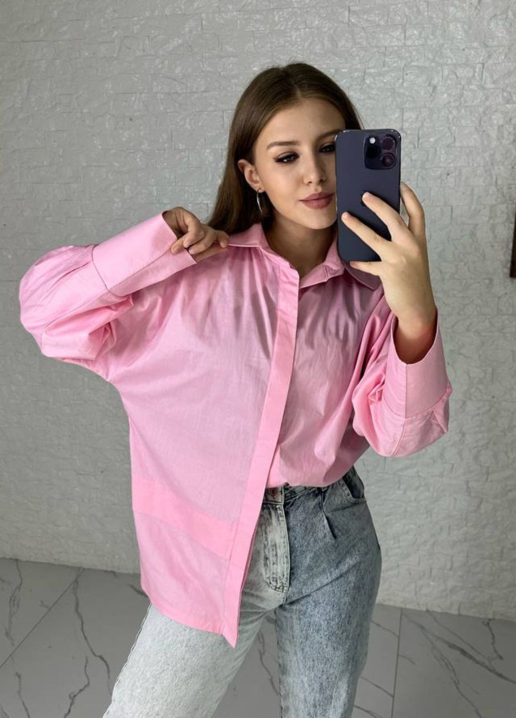 Розовая повседневный рубашка однотонная No Brand с длинным рукавом