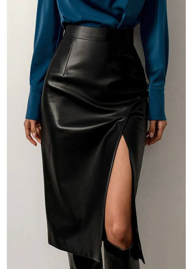 Черная праздничный, коктейльный, повседневная, вечерний, офисная, кэжуал женская кожаная юбка FINO Mode