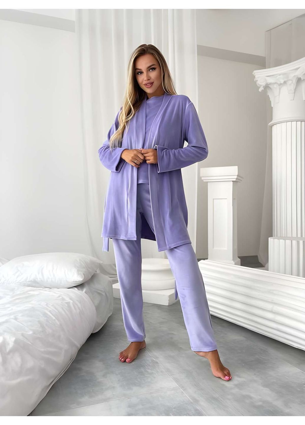 Бузкова зимня жіноча велюрова домашня піжама піжамний комплект трійка зі штанами лавандовий бузковий Україна