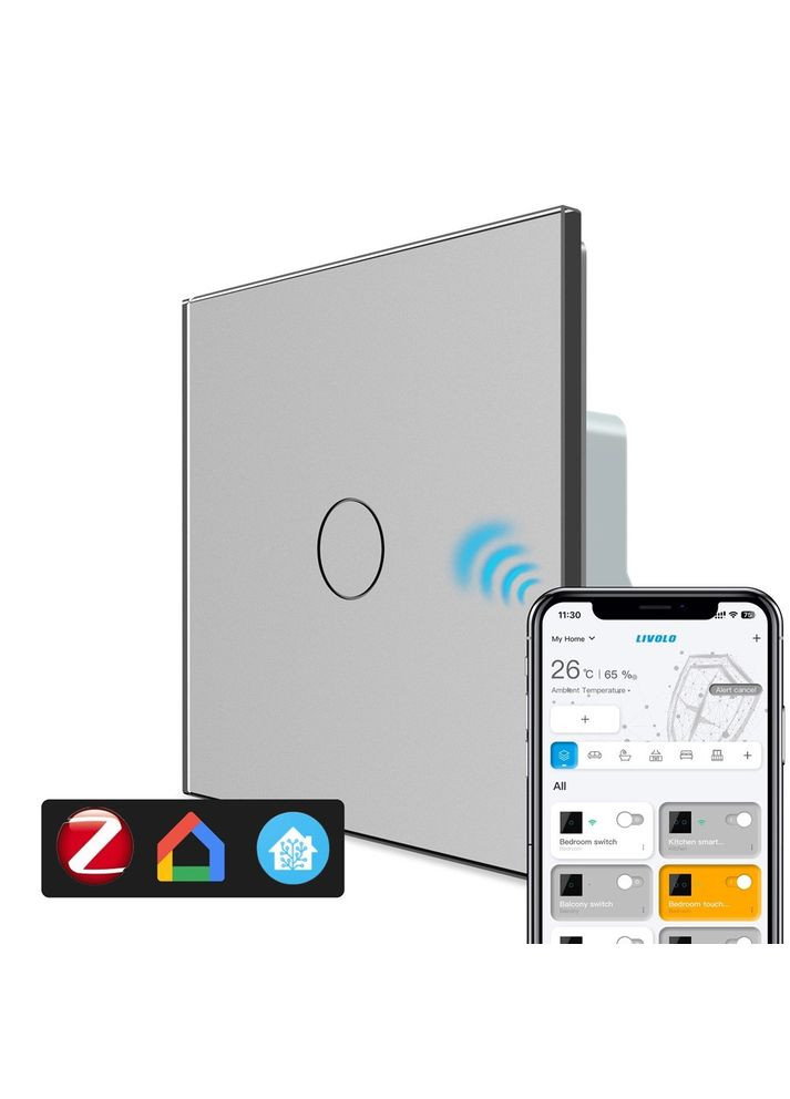 Умный сенсорный проходной/перекрестный ZigBee выключатель 1 сенсор стекло (VL-C7FC1SZ-2IP) Livolo (370985004)