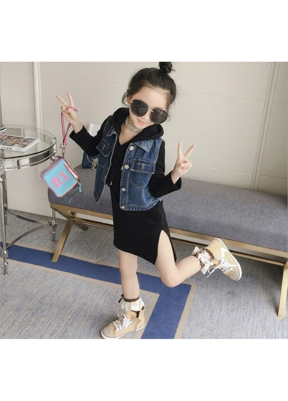 Чёрное стильное платье с капюшоном + джинсовая жилетка No Brand (371773838)