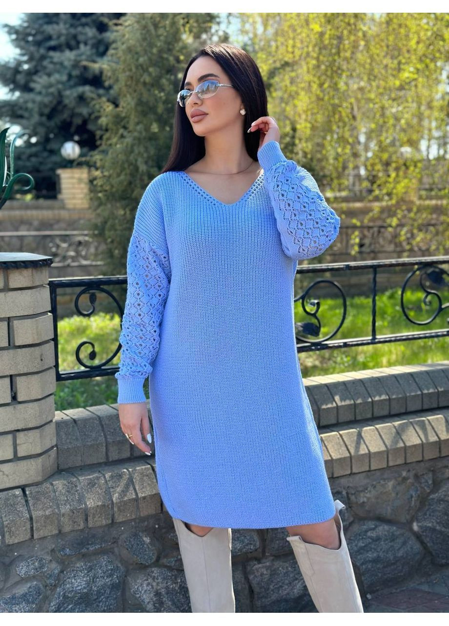Блакитна святковий, повсякденний, кежуал жіноча в’язана сукня вільного крою No Brand однотонна