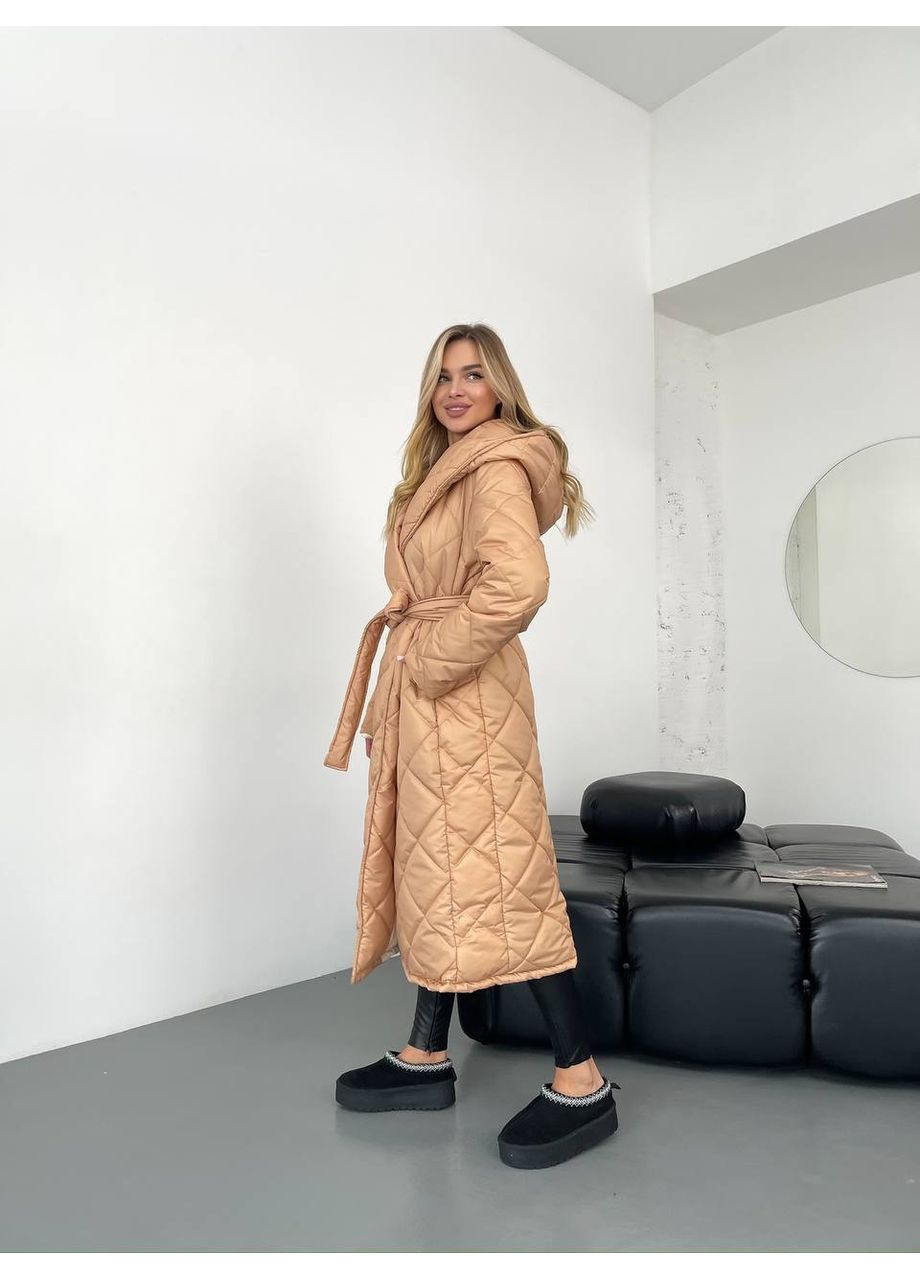 Бежеве демісезонне Пухове пальто з капюшоном — тепло, стиль і комфорт до –25°C (заміри в описі) Vione